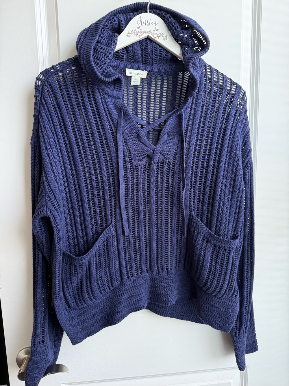 Sundance Navy Blue Open Knit Sweater Hoodie Coastal Nautical Transitional Medium